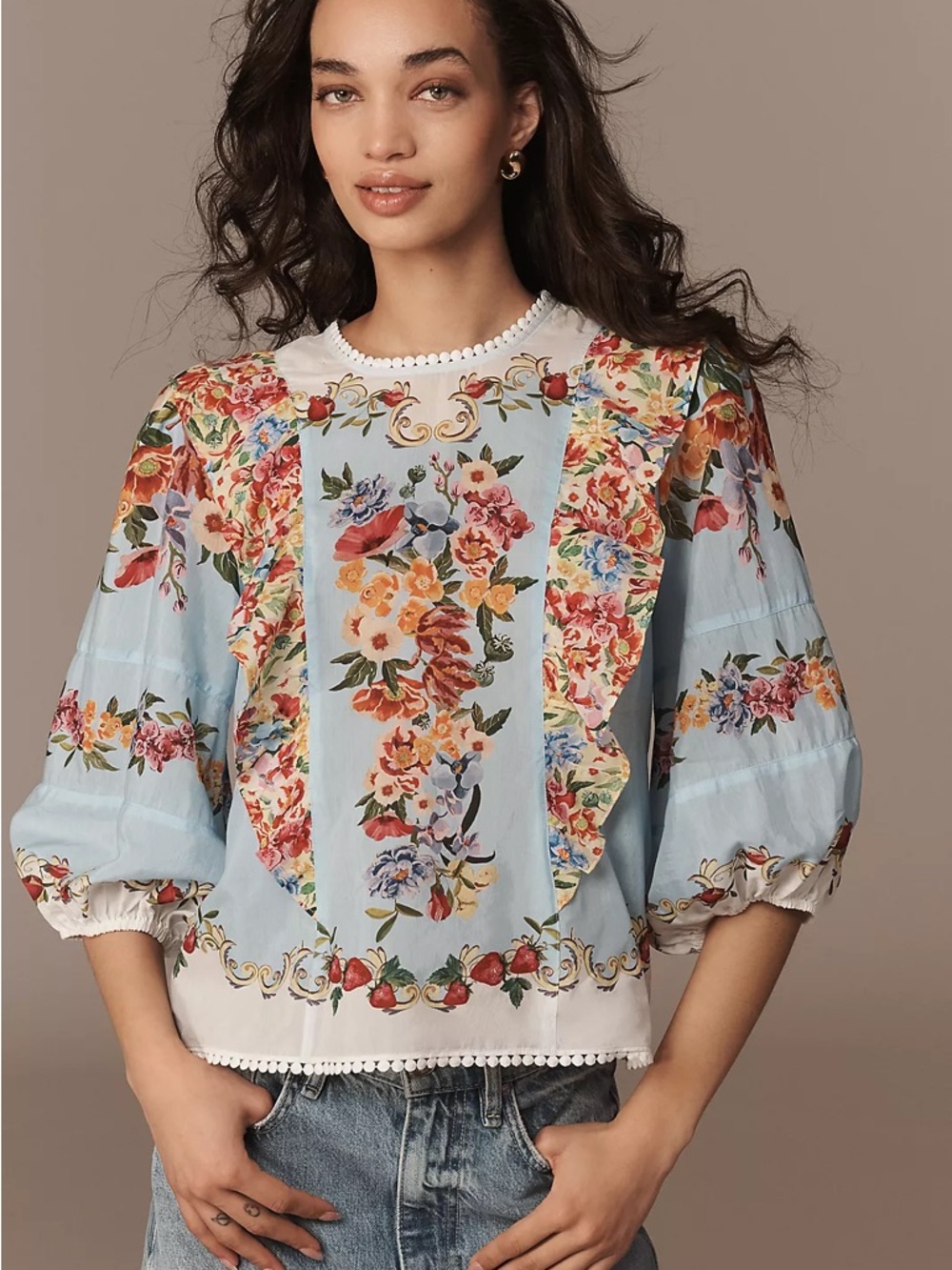 FARM Rio x Anthropologie Blue Floral Printed Lace Trimmed Blouse Size XS NWT - Picture 1 of 7